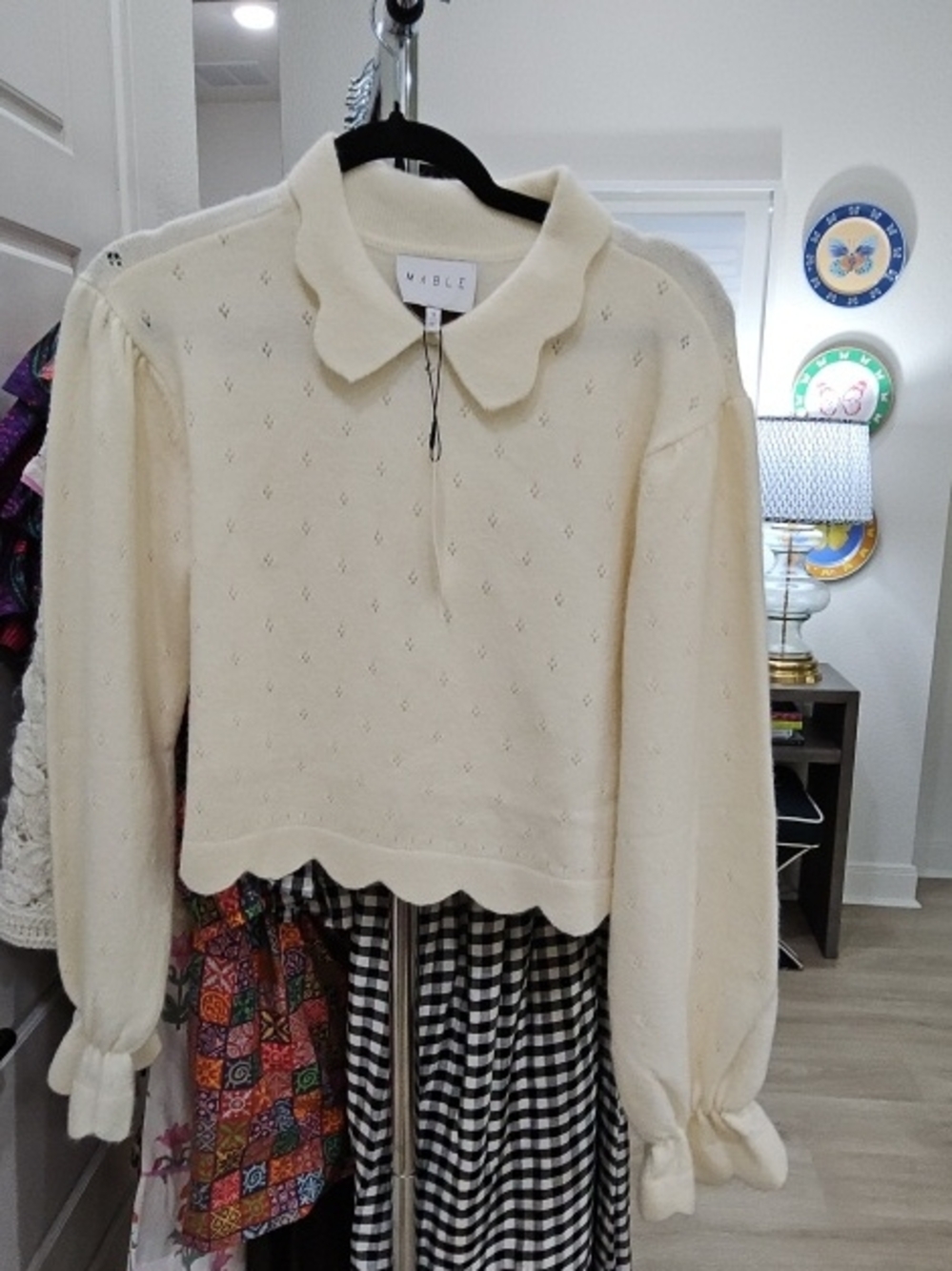 MARBLE Cream Scalloped Collar Knit Top